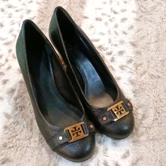 Tory Burch Shoes - Tory Burch Beautiful Black Pebbled Leather Wedges with Gold Logo detail